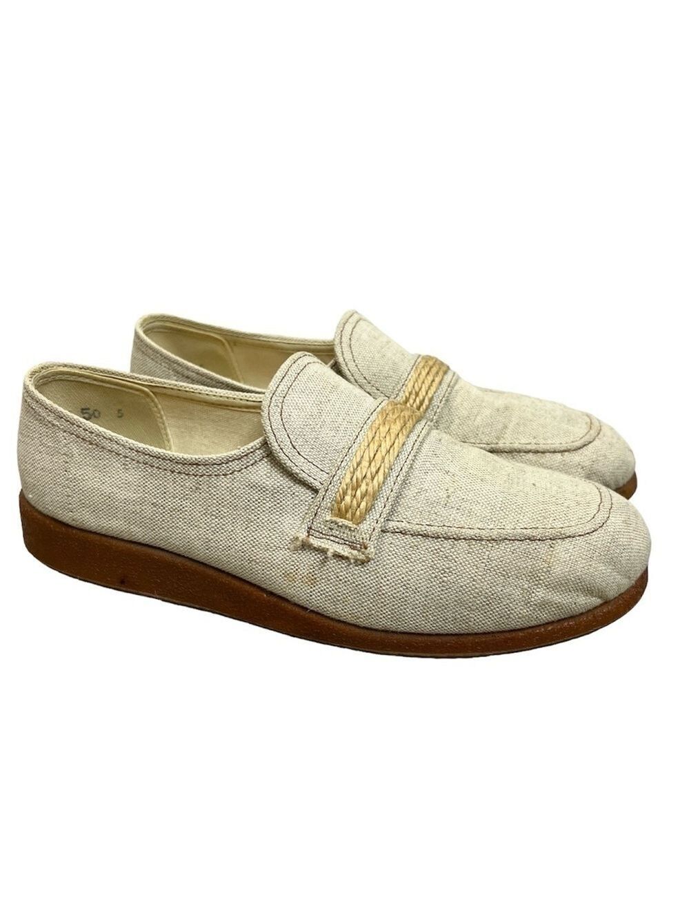 Vintage 70s woven beige slip on rope detail old money coastal flats loafers 8